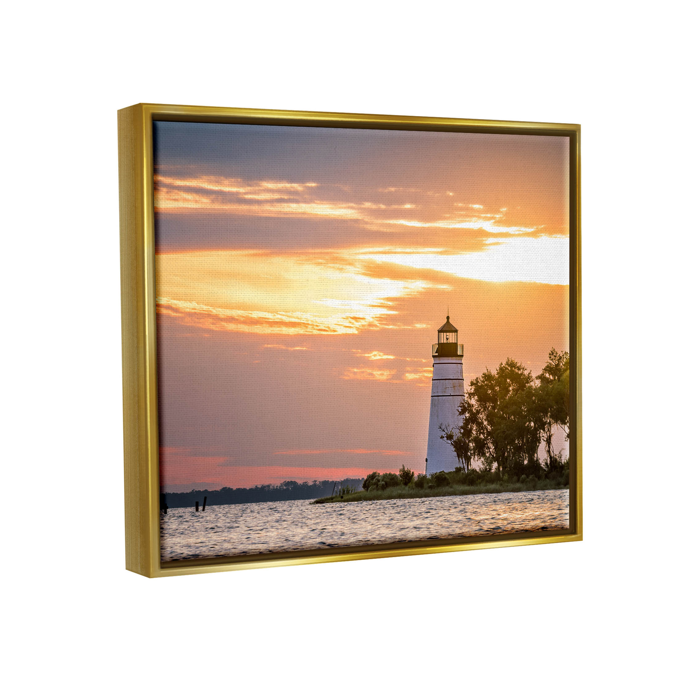 Nautical Lighthouse Sunset Horizon Coastal Photograph Metallic Gold Framed Art Print Wall Art