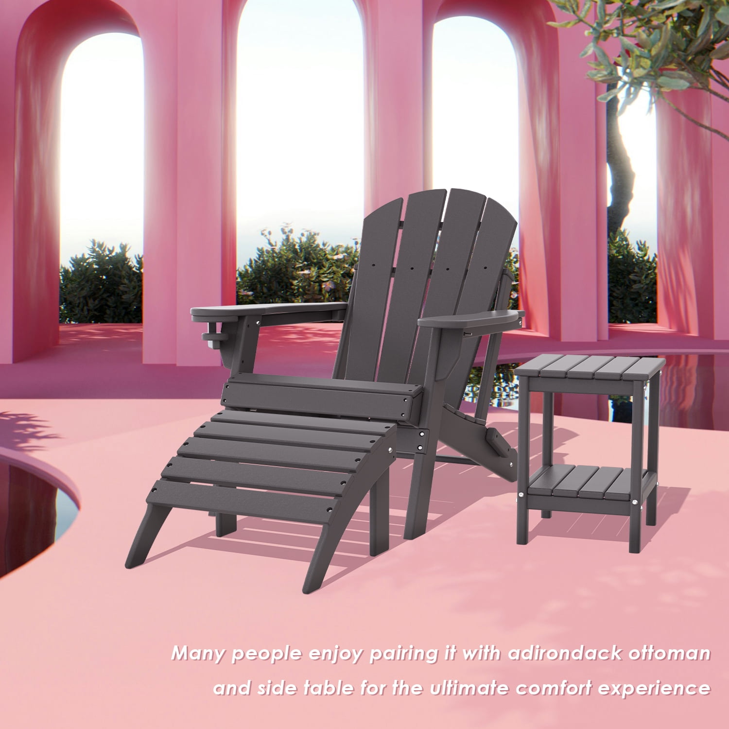 Pipopa Outdoor Folding HDPE Adirondack Chair with Cup Holder,All-Weather Patio Chair for Garden,Backyard,Pool,Grey