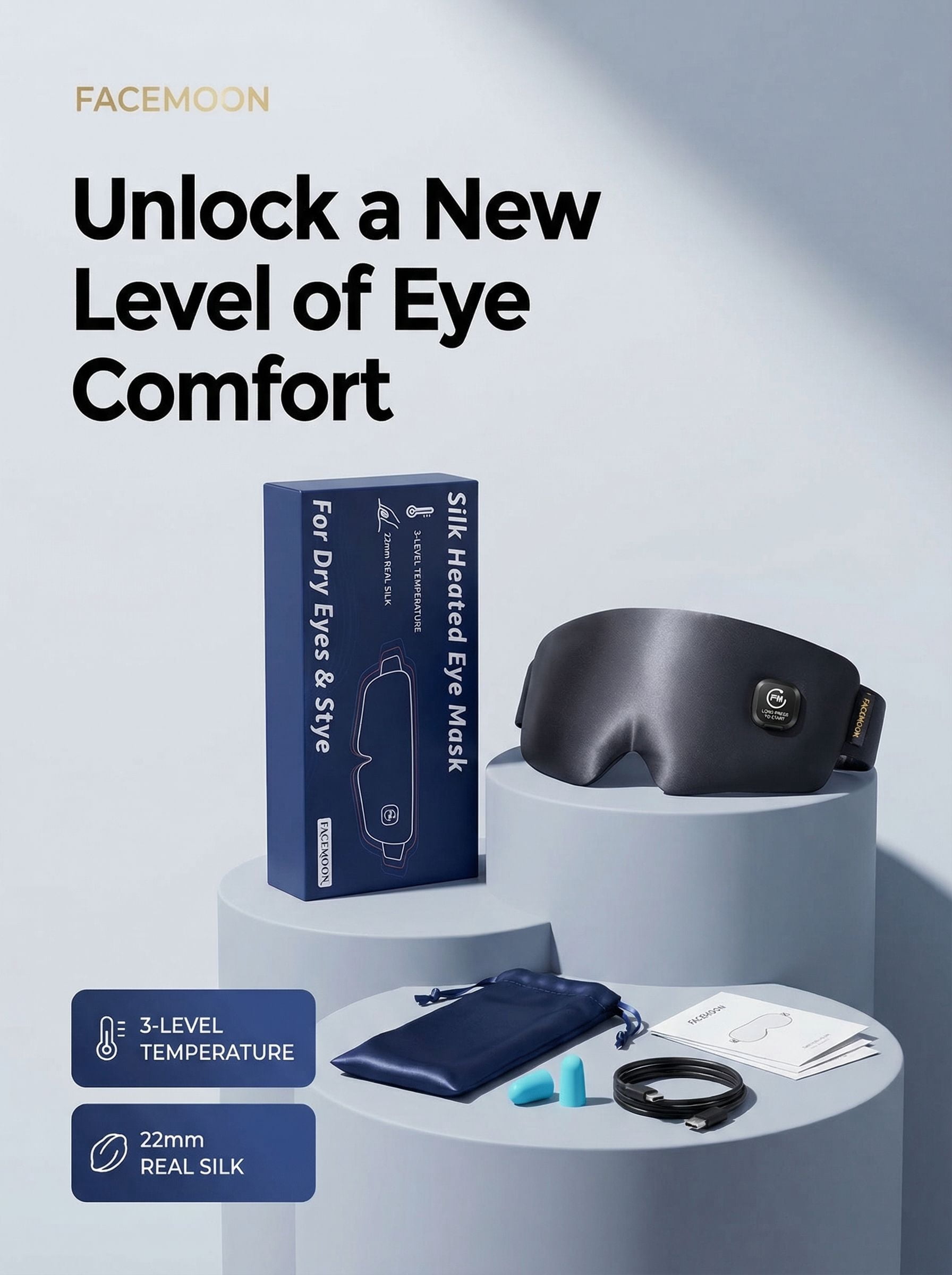 FACEMOON Rechargeable Cordless Heated Eye Mask Silk Comfort for Tired Eyes Moist Heat Warm Compress Washable Sleep Aid Gray