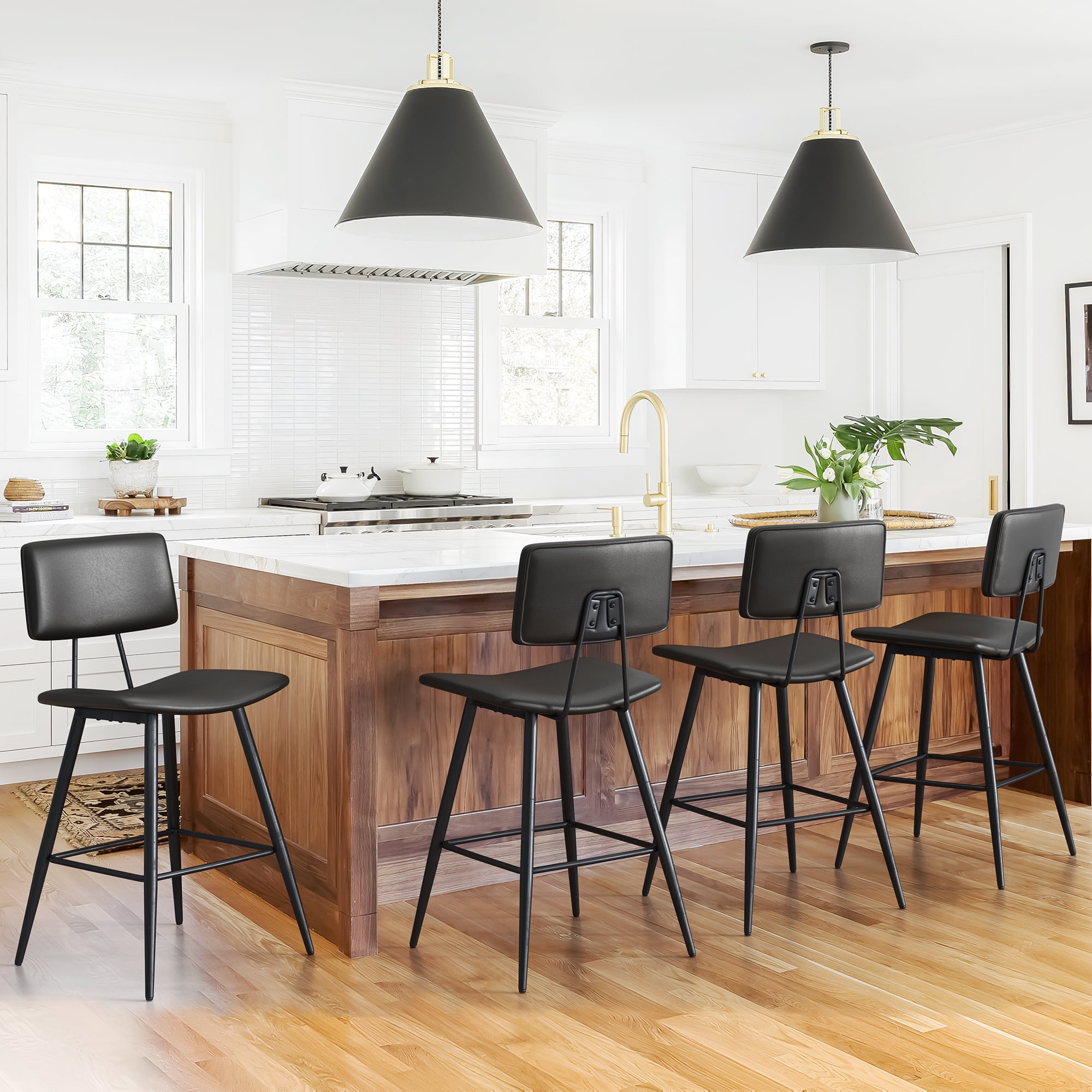 Dycanpo 24.5" Counter Height Bar Stools Set of 2, Faux Leather Upholstered Barstools, Black