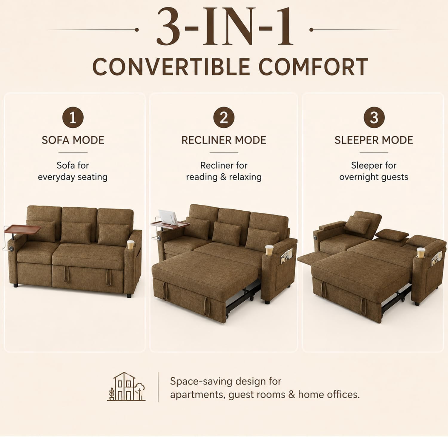 TiramisuBest 81" 3-in-1 Convertible Sleeper Sofa Bed with Power Recliner,Chenille Sofa Couch with Tray Table & USB for Living Room,Khaki