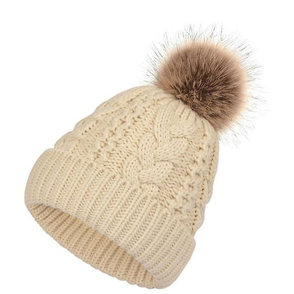 Big hairy ball Beanie Hat Double Layer Warm twist pattern Knit Cap