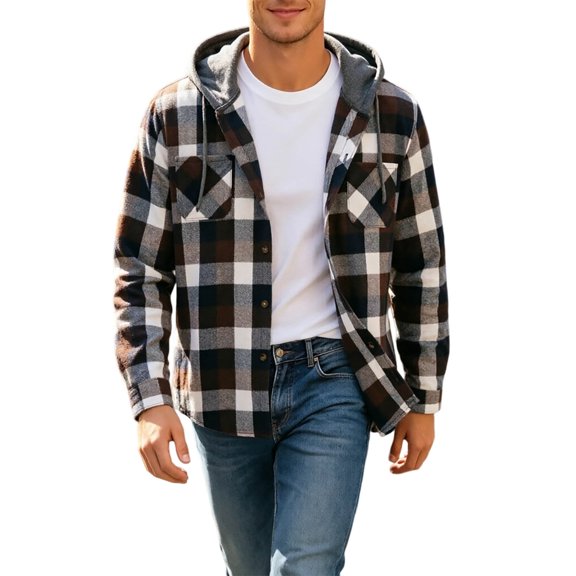 JIAYUE Men Hooded Sweatshirt Button Down Plaid Flannel Long Sleeve Hoodie Coat for Fall Winter Outdoor Sport