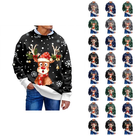 Christmas Sweatshirt for Men Women Long Sleeve Crewneck Loose Casual Cute Reindeer and Snowflake Print Pullover Sweatshirts