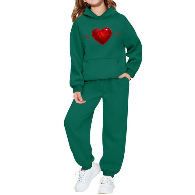 Conjunto de sudadera con capucha de manga larga para niños con estampado en forma de corazón y pantalones deportivos con lazo en las piernas, conjunto deportivo informal de dos piezas para niños, poli