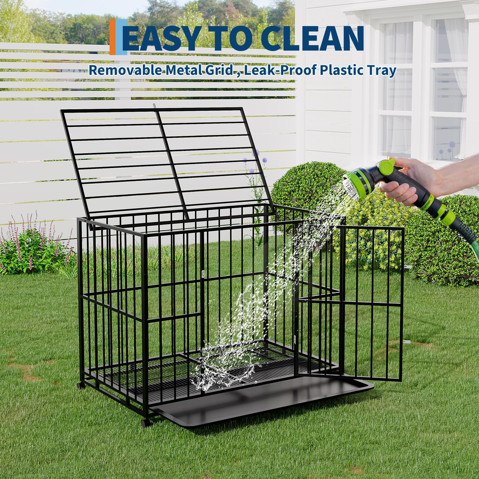 Heavy Duty Stainless Steel Dog Crate for Large Dogs - Indestructible & Escape-Proof Kennel with Locking Wheels - Collapsible, Chew-Resistant Indoor/Outdoor Cage with Easy-Clean Removable Tray XXL