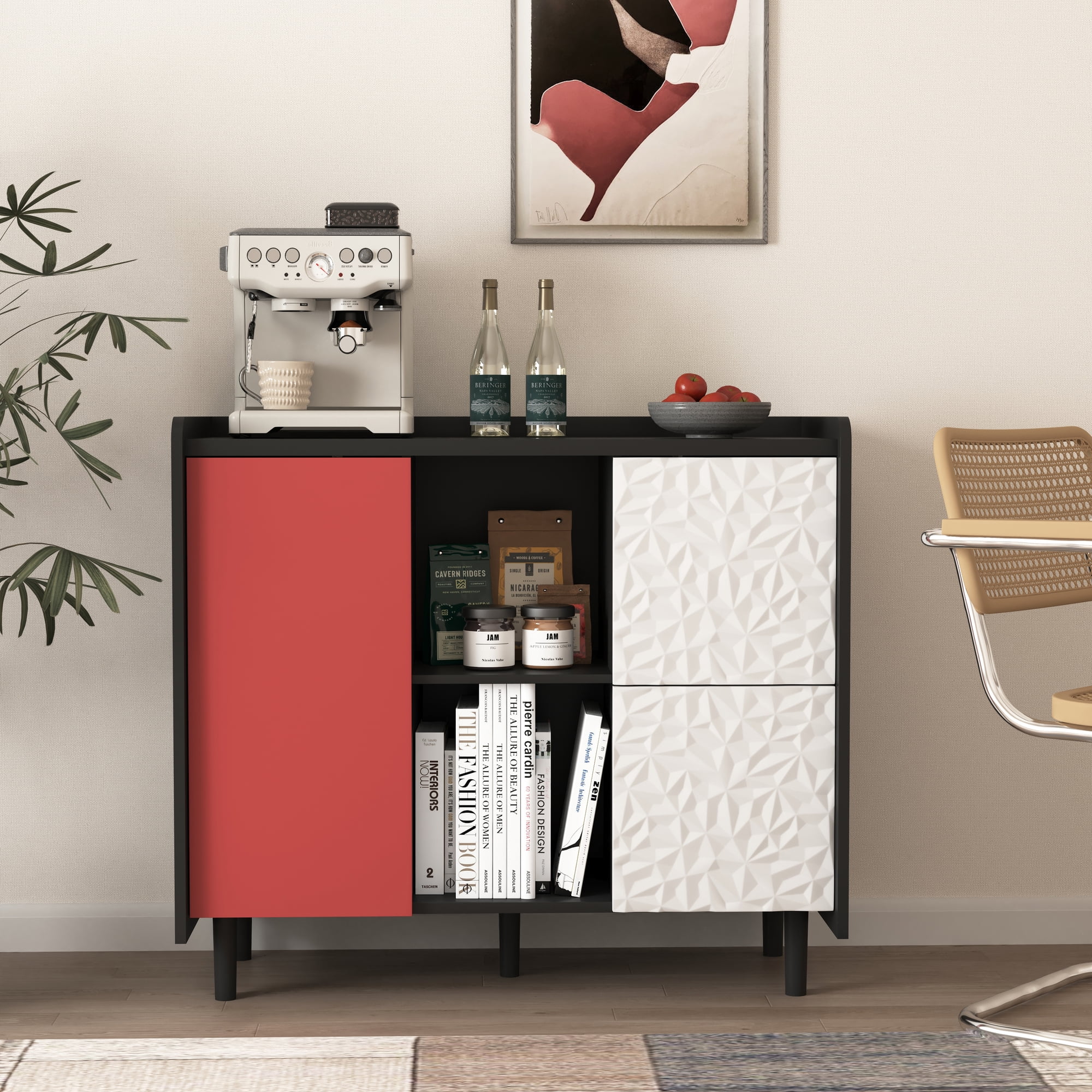 Noble House Sideboard Buffet Cabinet with 2 Drawers and Open Compartments, Black and Red