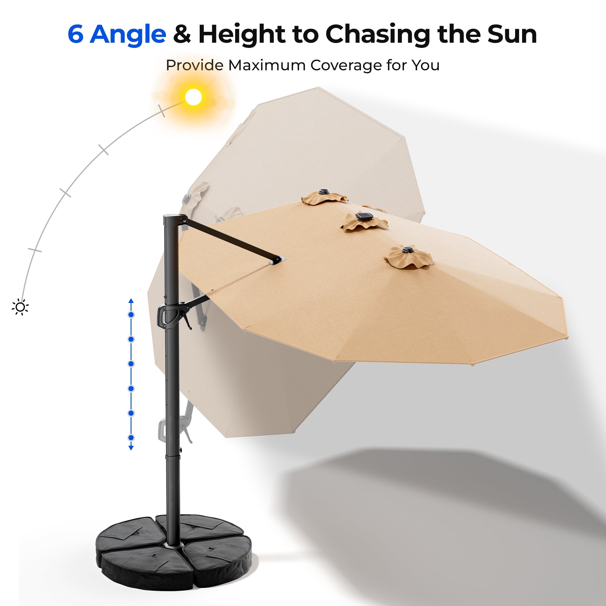 15FT Cantilever Patio Umbrella with LED Lights, 360°Rotation Large Double Sided Rectangular Outdoor Umbrella for Garden, Backyard, Pool, Deck, Beige(with Base)