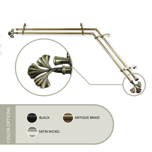 13/16 inch Maidenhair Corner Window Double Curtain Rod 48-84" - Antique Brass