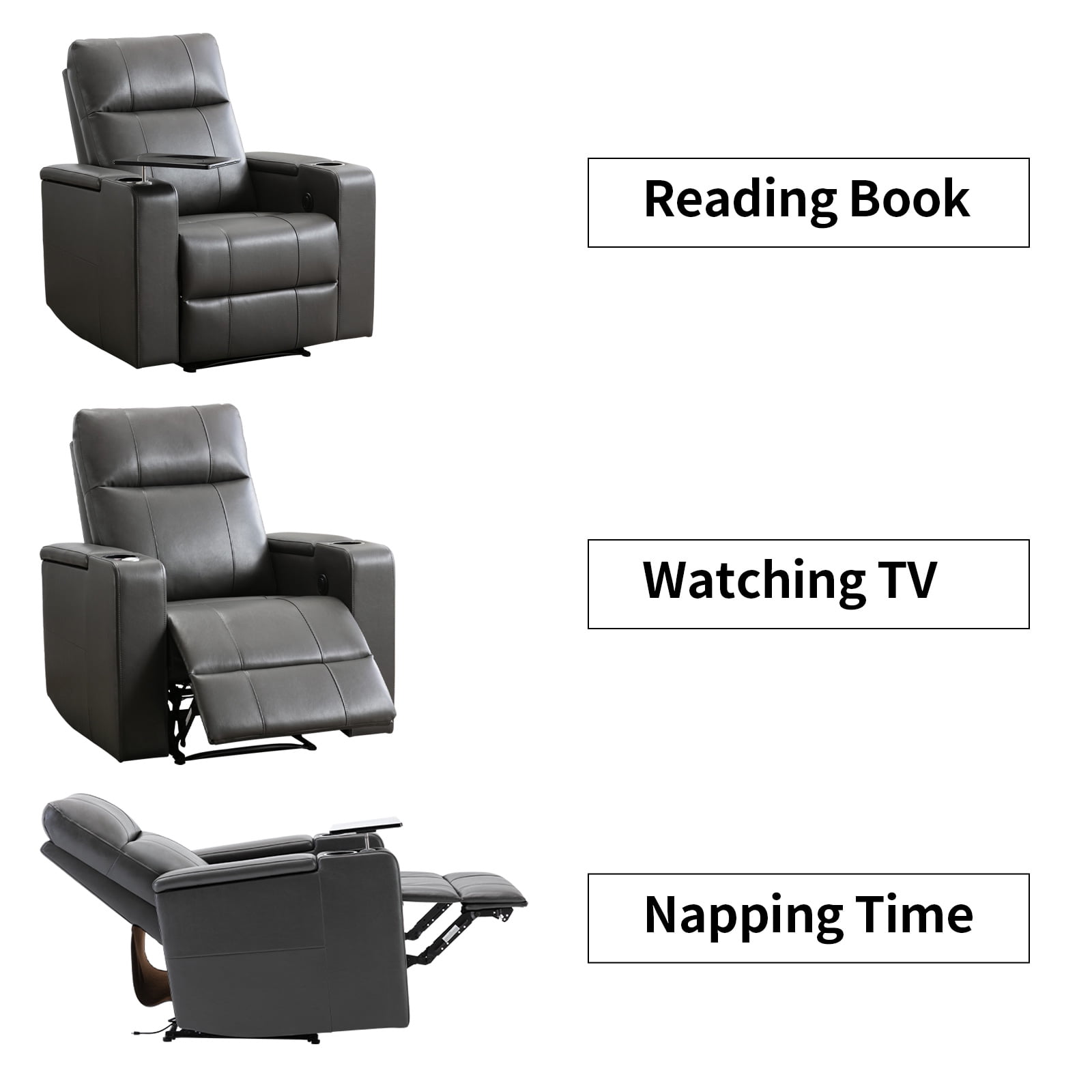 Bonzy Home Power Electric Recliner Chair, PU Leather Home Theater Seating with Cup Holders, USB Port & Hidden Storage, Single Movie Recliner for Living Room Media Room, Gray
