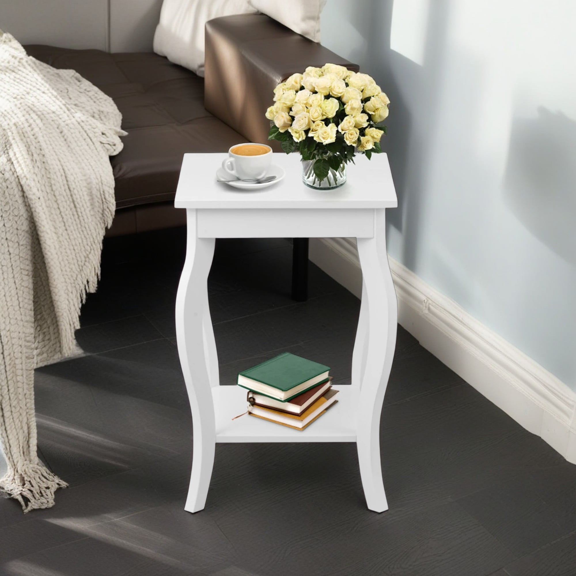 Demi Bonn Set of 2 End Side Table, Square Nightstand, Sofa Table Night Stand with Shelf, for Living Room, Bedroom, White