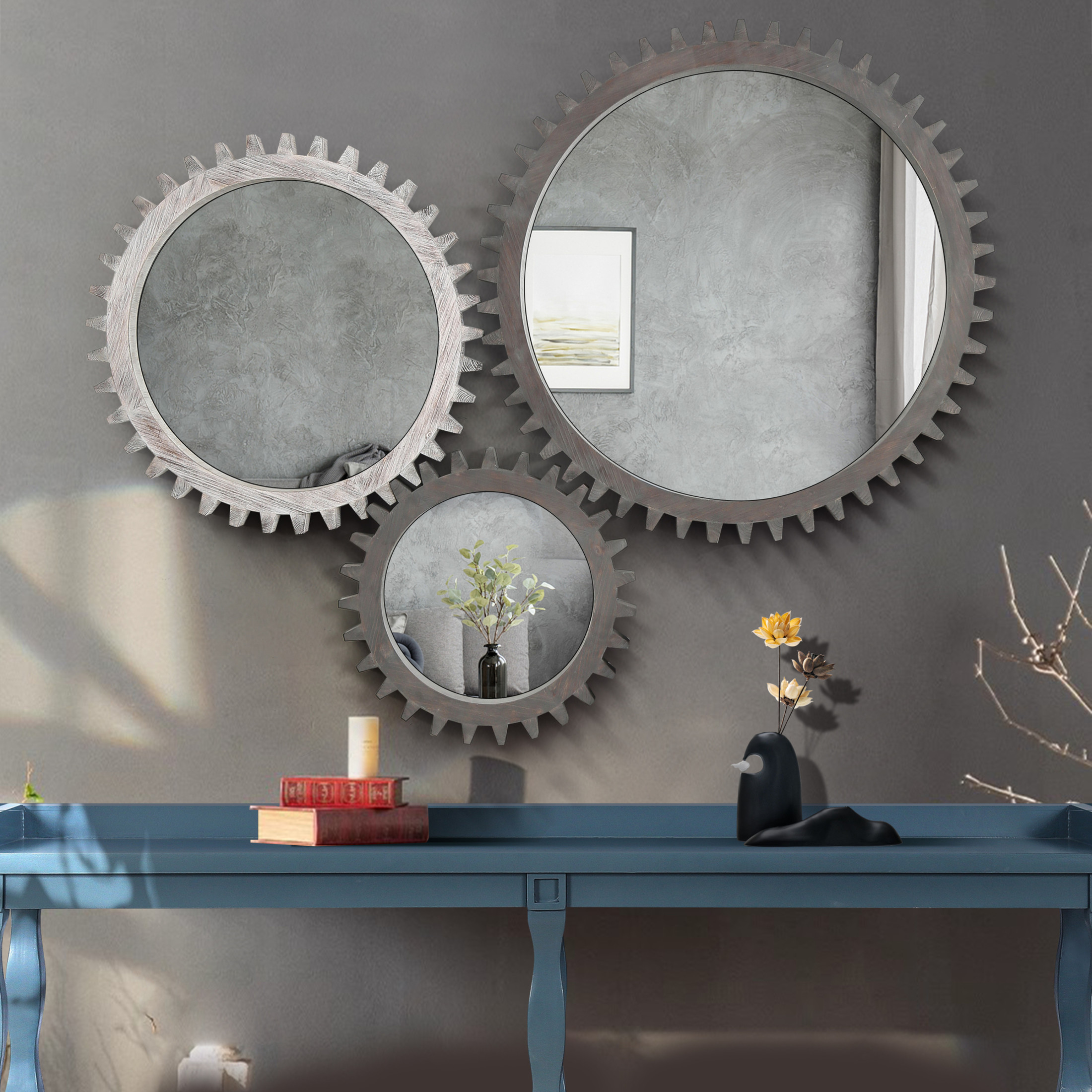 Noble House Vintage 26'' Wall Wood Round Hanging Gear Shape Heavy Decorative Mirror For Bathroom Living Room Entryway, Dark Brown