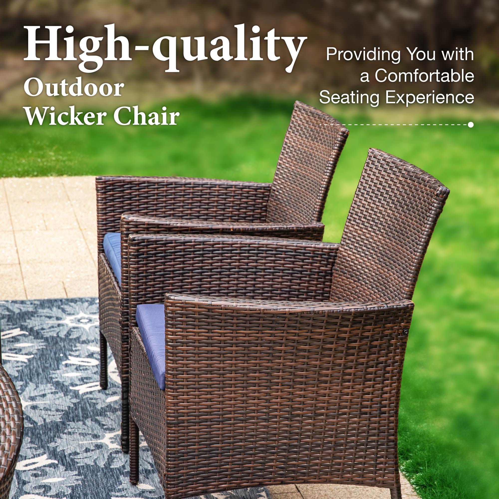 MF Studio Outdoor Patio Dining Chairs Set of 2 Rattan wicker patio chairs with Navy Blue Cushions for Patio, Deck, Porch, Dark Brown