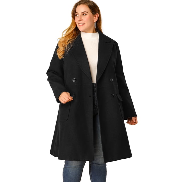 Women's Plus Size Notched Lapel Double Breasted Winter Long Coat Black 2X