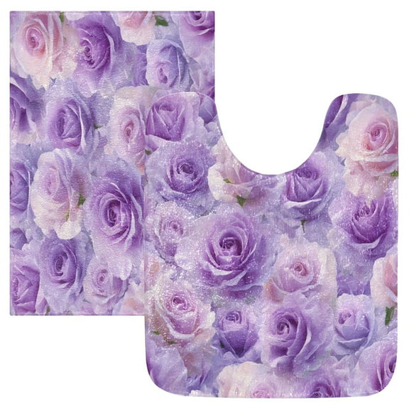 2 Piece Soft Bathroom Rug Set Light Purple Roses Pattern Bath Mat and U-Shaped Toilet Contour Rug (16"x24" 20"x24")