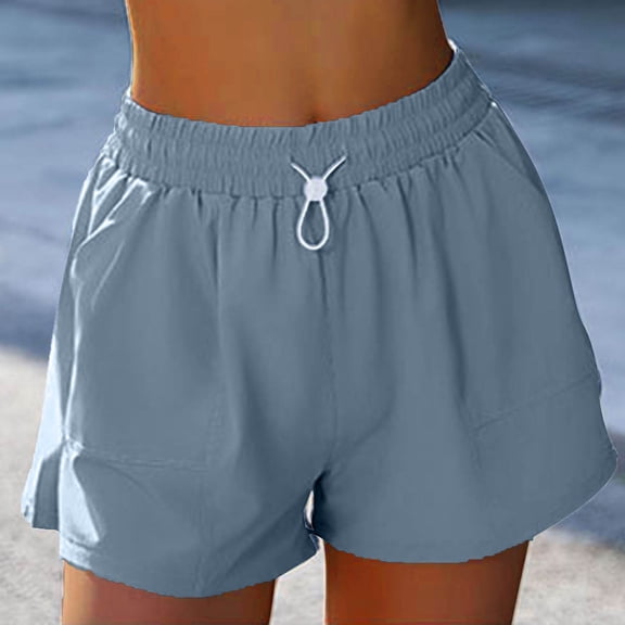 Dolkfu High Waist Plus Size Shorts for Women Athletic Drawstring Running Shorts Gym Yoga Blue Shorts for Women L
