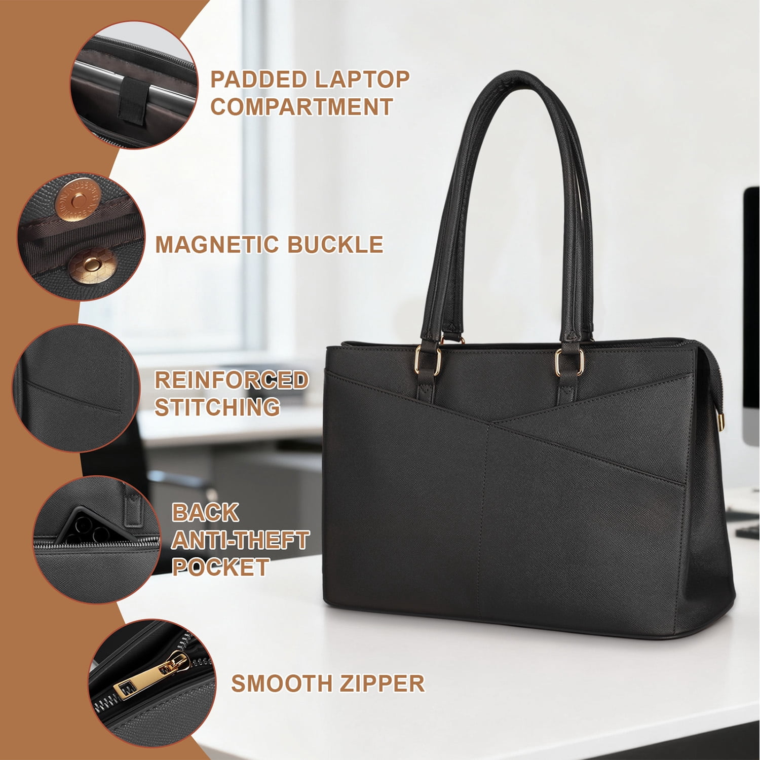 Cshidworld 15.6 Inch Leather Laptop Tote Bag for Women, Waterproof Computer Briefcase & Work Bag for Office, Business, College, Travel, Leather Messenger Bag, Black