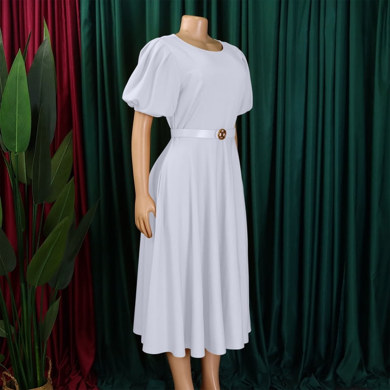 THDHVS Long Dresses for Women,Solid Color Short Sleeve Puff Sleeve Round Neck Calf Length Dress with Flared Hem Casual Elegant Style,Womens Dresses White 3XL