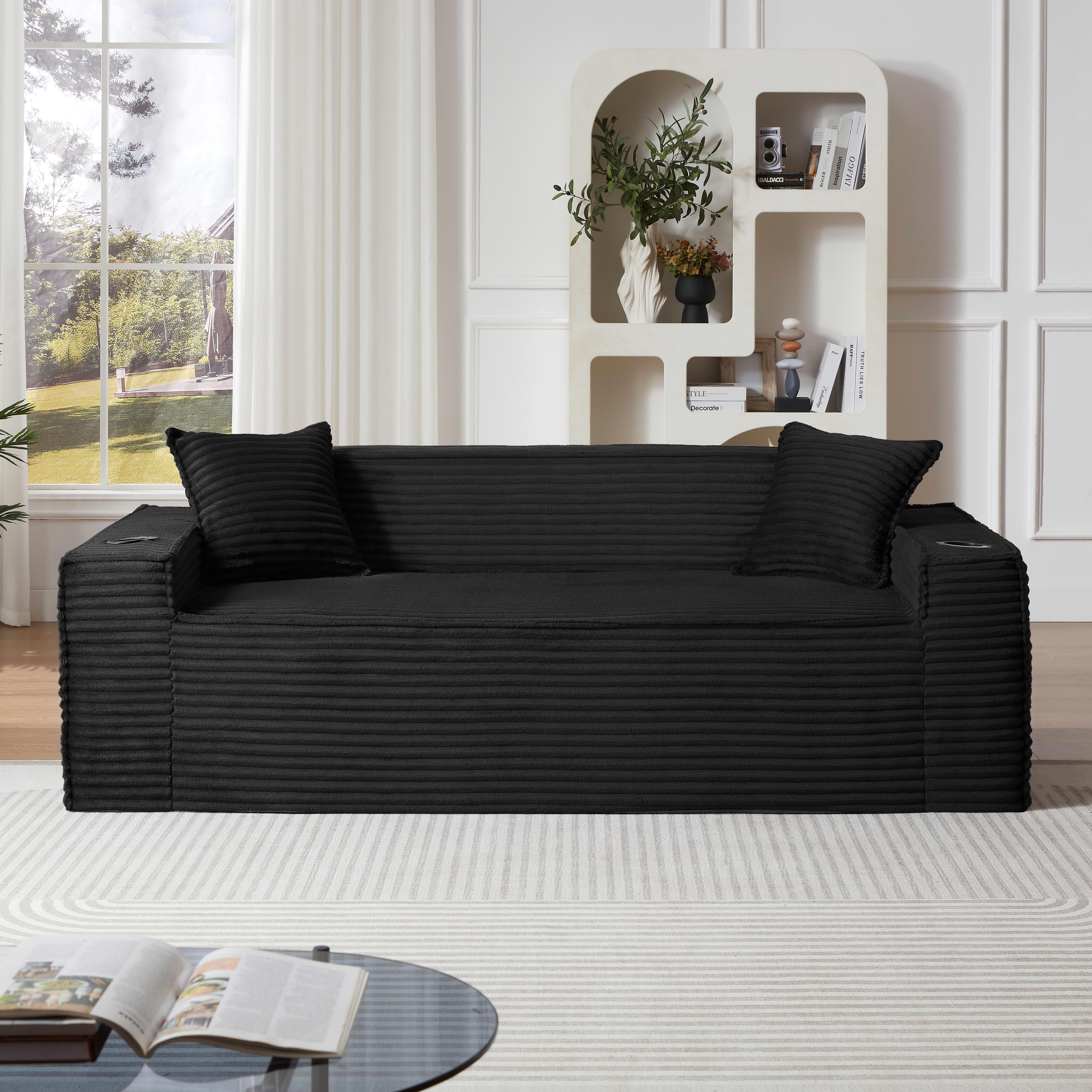 MAYEERTY Minimalist Corduroy Couch, 3-Seater Boneless Sofa with Side Pockets & Cup Holders for Apartments/Offices, Black