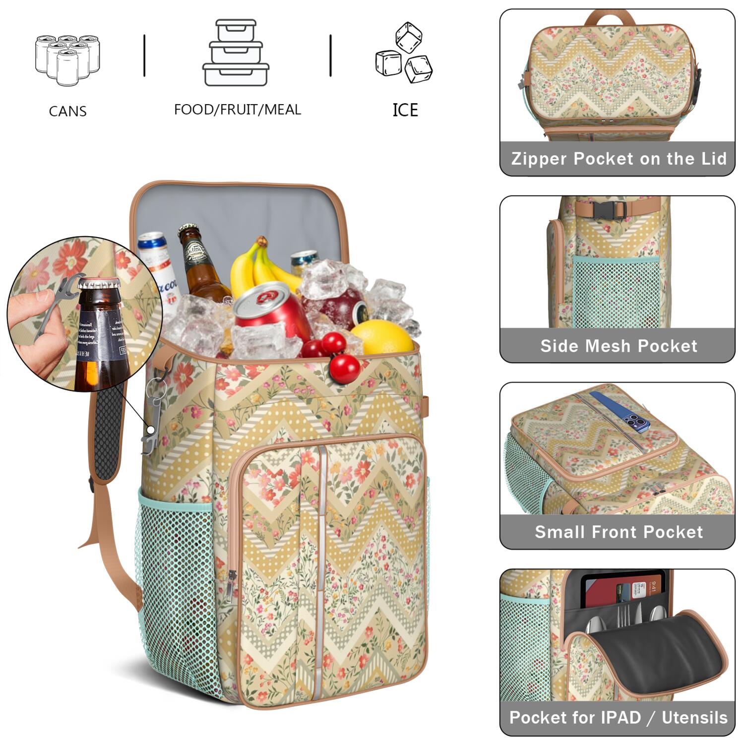 Travel Cooler Bag - Pioneer Flower Floral Print Pattern Camping Beer Cooler Backpack with Bottle Opener- Waterproof Insulated Picnic Backpacks - Cooler Bag for Beach