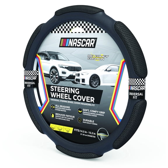 NASCAR Steering Wheel Cover |  Big Comfy Cushion | Grip & Comfort | Universal Fit 14.5"-15.5" For Car, SUV, Truck | Quality Synthetic Leather & Mesh