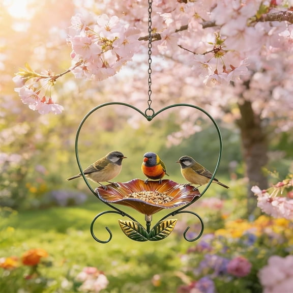 Wrought Iron Bird Feeder, Heart Shaped Platform Stake for Outside, Hanging Seed Tray Mesh Table for Yard Garden Patio Decoration