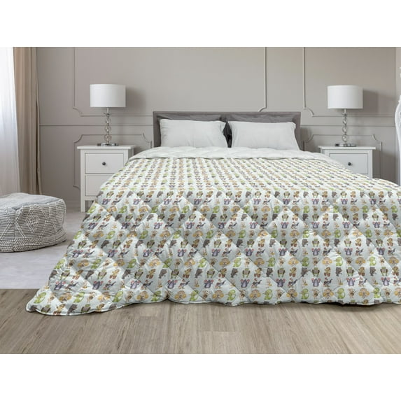 Cartoon Down Alternative Comforter, Whimsical Humanized Animals with Glasses as Doctors Wearing Print, Microfiber Quilt for All Season, 5 Sizes, Pale Blue Multicolor, by Ambesonne