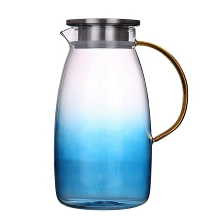

NUOLUX 1Pc 1500ml Glass Water Pitcher Stainless Steel Lid Cold Water Jug (Blue)