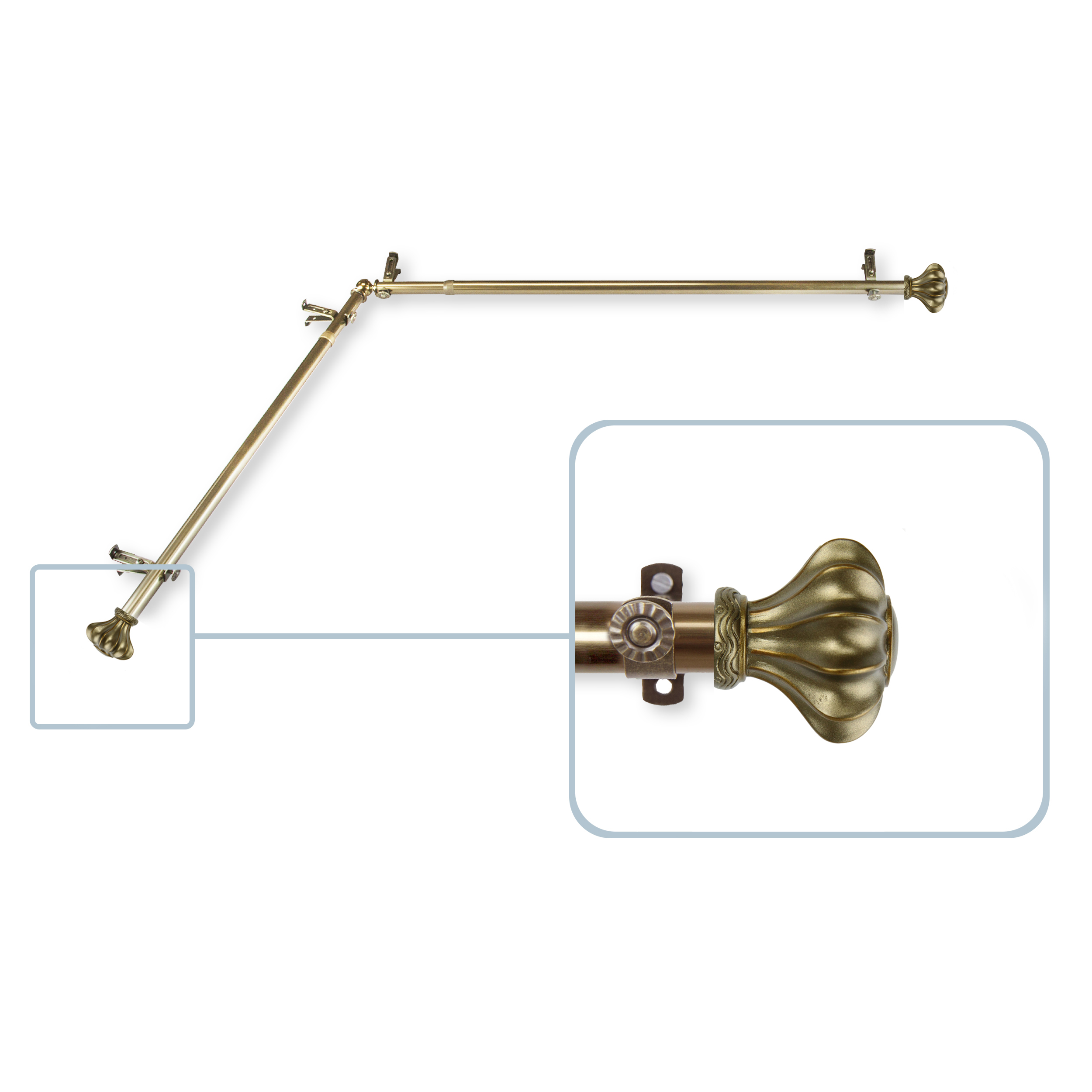 Maurice 13/16 inch Corner Window Curtain Rod 120-170" - Antique Brass