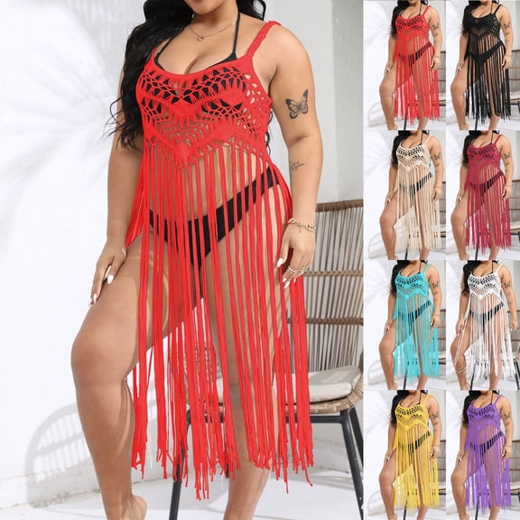 Qzwdhjm Womens Beach Coverups Hollow Out Tassle Swimsuit Coverup Sleeveless Scoop Neck Bathing Suit Cover Up Holidays Beachwear Cover Ups