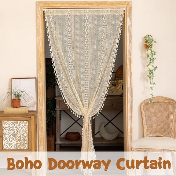Doorway Curtains for Closet Patio, Lace Sheer Door Curtains for Doorway Crochet Vintage Chic Tassels Bohemian Temporary Room Divider Privacy Rustic Geometry Rod Pocket, 37" x 80" Beige