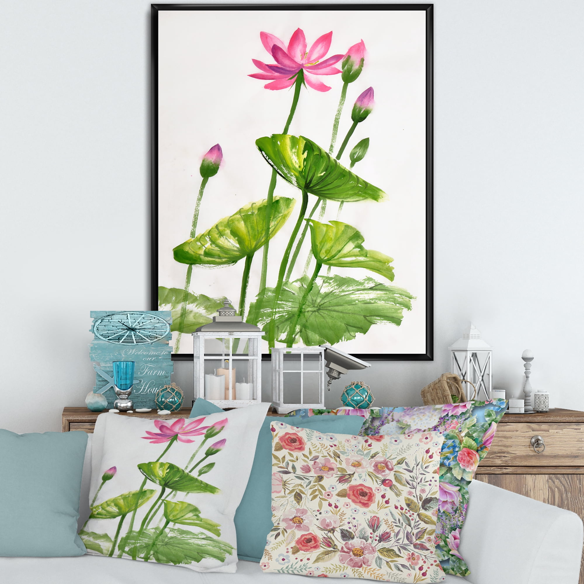 Designart 'Pink Vintage Lotuses In The Pond VII' Traditional Framed Canvas Wall Art Print