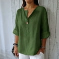 thumbnail image 2 of Women'S Linen Shirt Button Down V Neck Solid Blouse 3/4 Sleeves Casual Loose Fit Tunic Tops Summer T Shirts Green M, 2 of 5
