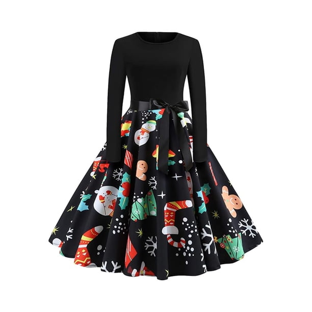 Vestido de fiesta de Halloween y Navidad para mujer, manga larga, corte A, falda grande, vestido de cóctel, festival, carnaval y vestido con cinturón de lazo