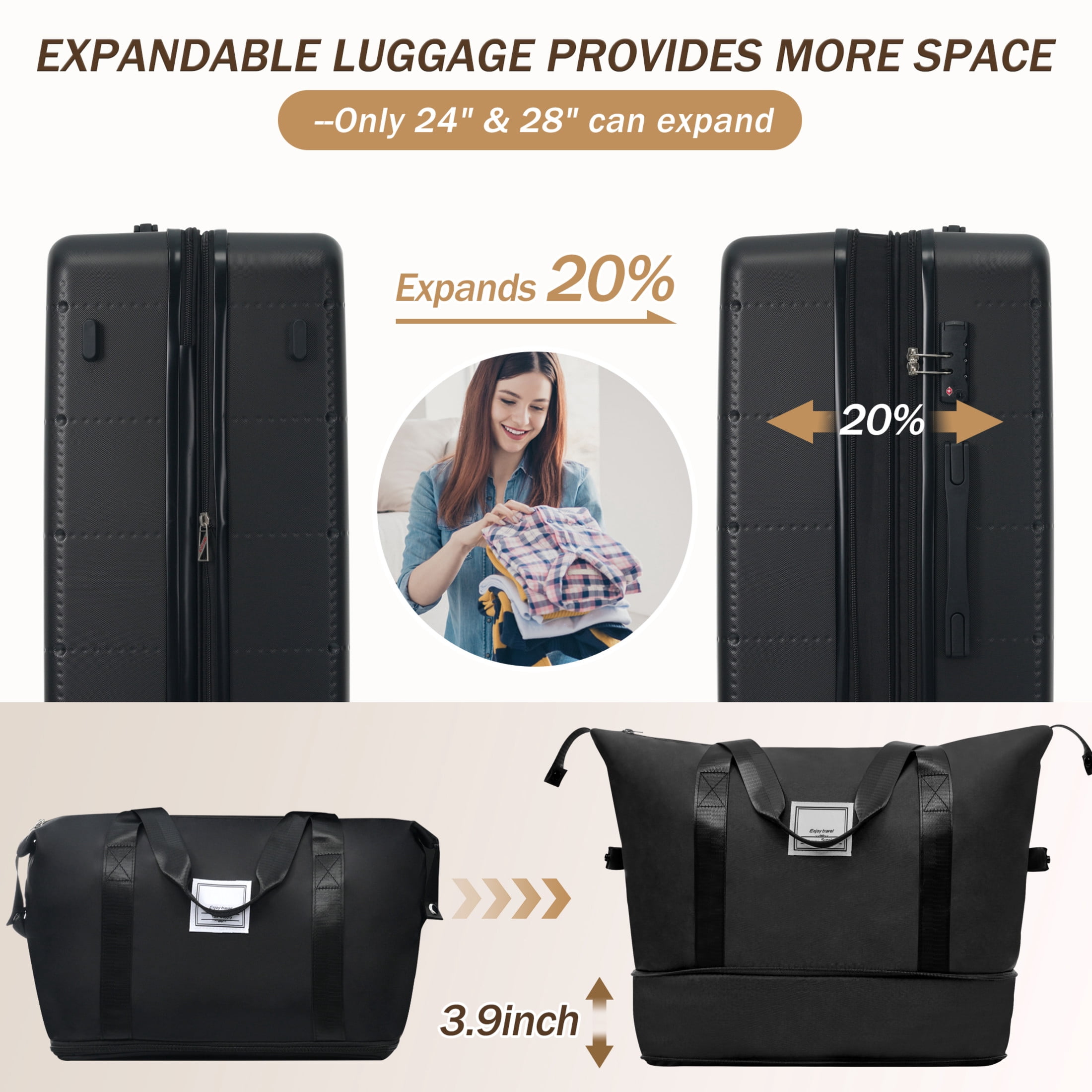 GDF Studio 5-Piece Hardside Luggage Set, Carry-On Suitcase with USB Port and Checked Bags, Spinner Wheels, Black