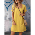 thumbnail image 4 of Ladies Solid Color Square Neck Short Sleeve Fashion Casual Pocket Dress Yellow S, 4 of 9