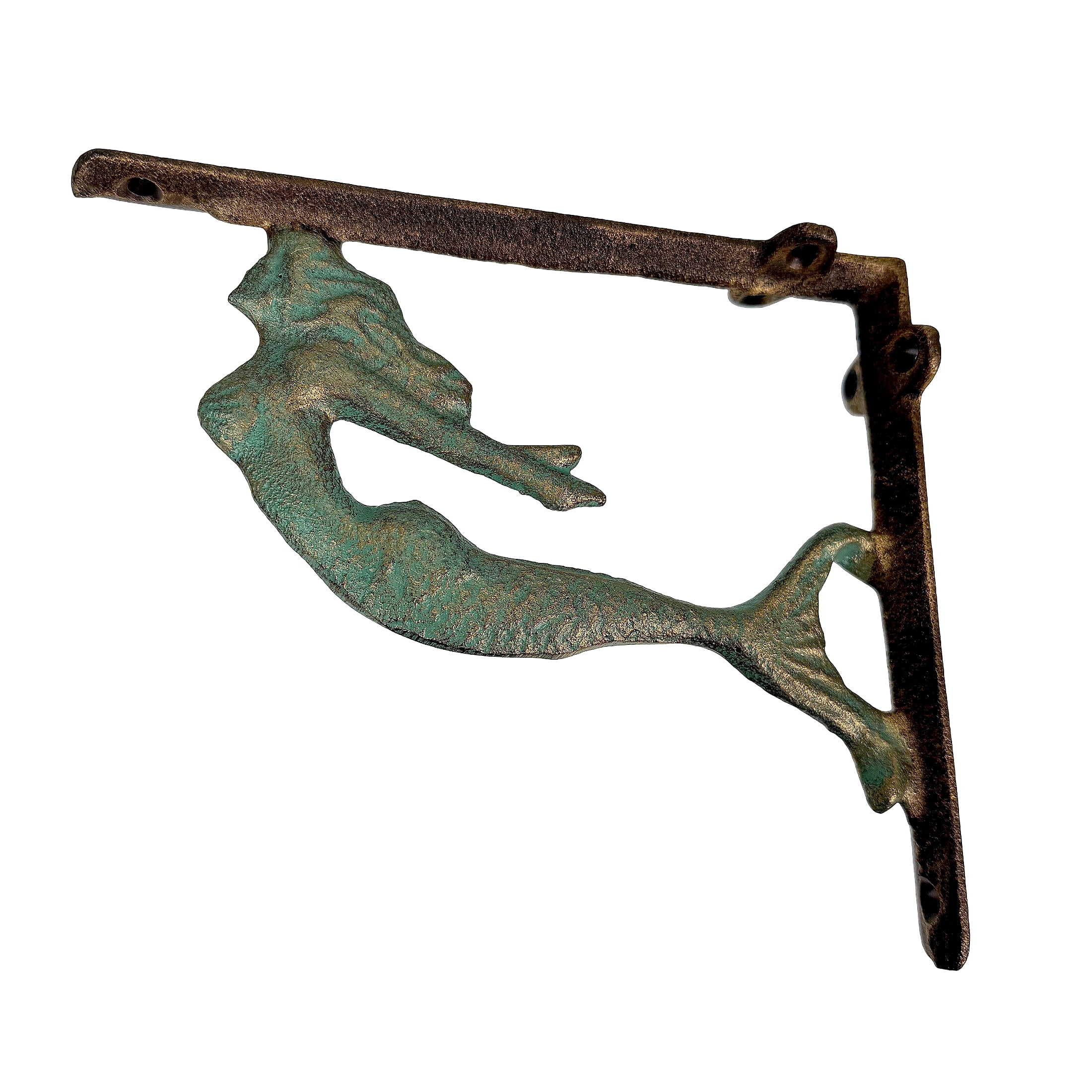 Zeckos Verdigris and Bronze Cast Iron Swimming Mermaid Metal Shelf Bracket Set of 2