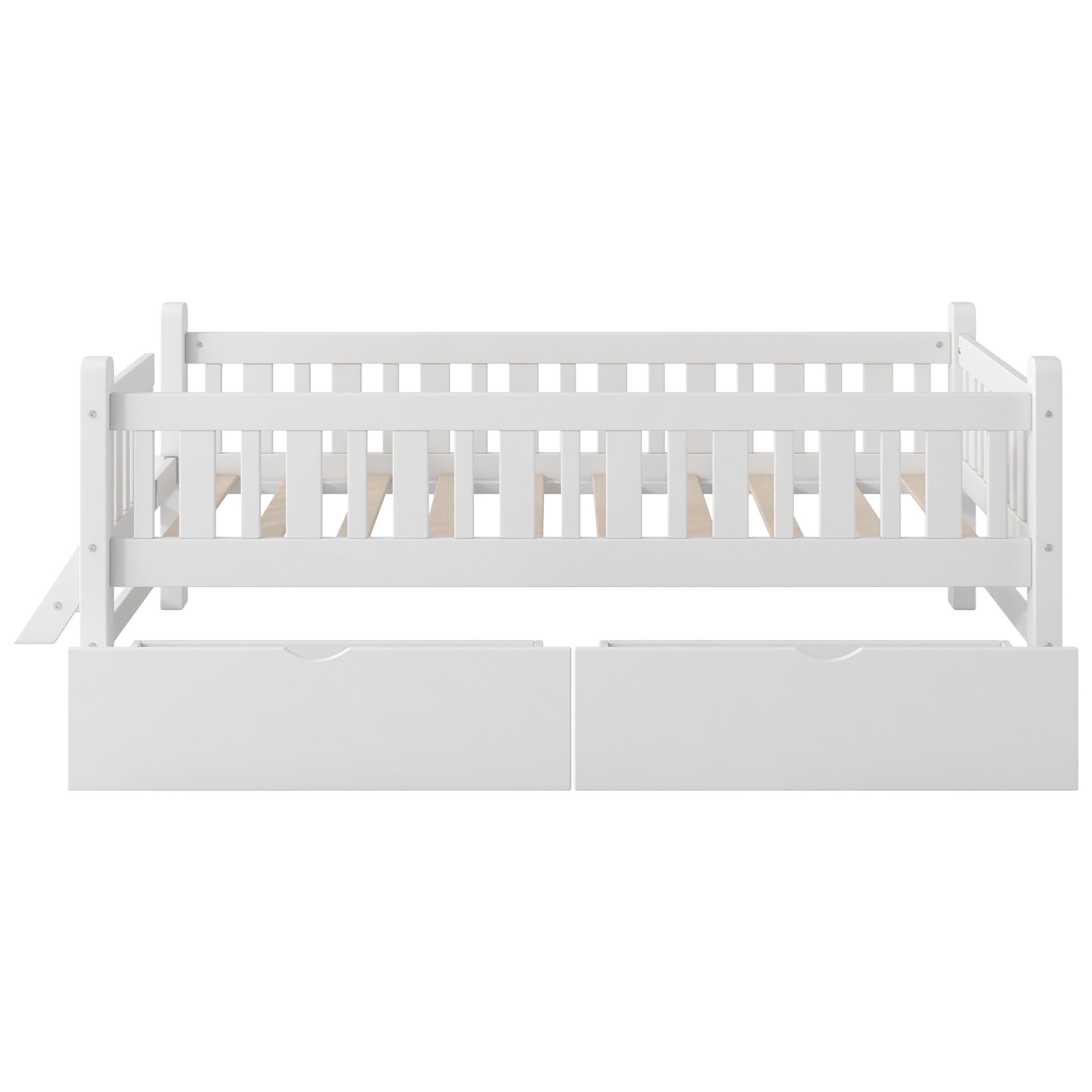 Noble House Wood Twin Platform Bed, Semi-Enclosed Fence Guardrail Bed with Storage Drawers, Solid Pine Wood, White