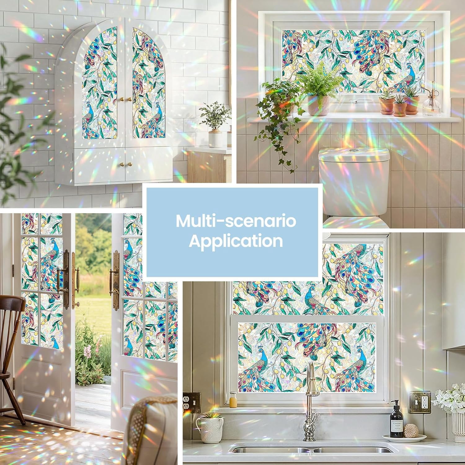 Window Privacy Film,Colorful Floral Window Stickers,Removable DIY Bouquet Static Clings, Decals for Home School Office Party Supplies,Peacock Garden，17.5 x 78.7 in