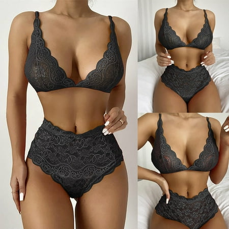 

DENGDENG Women Sexy Underwire High Waist Lingerie Lace 2 Piece Bra and Panty Set