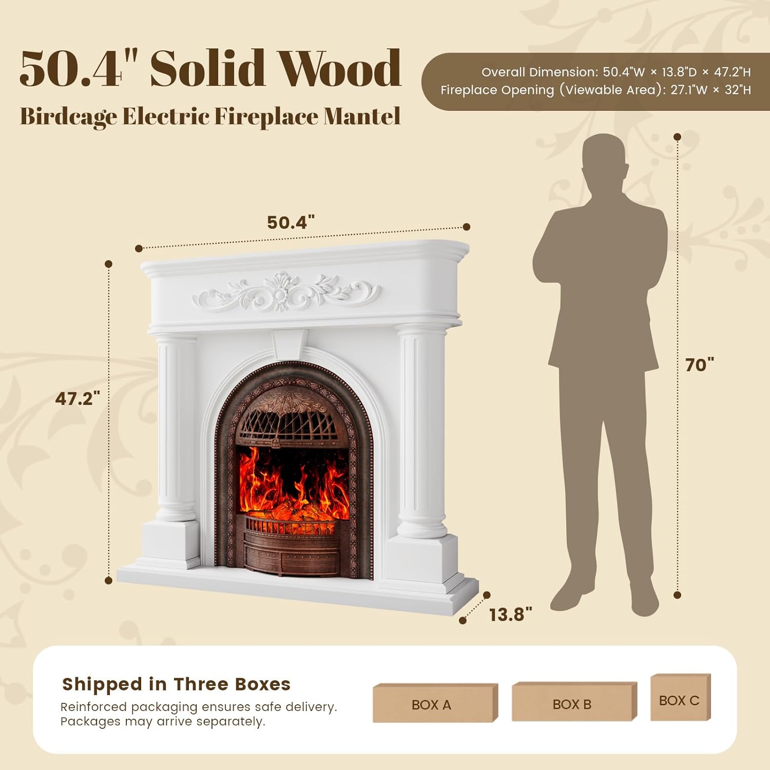 BOSHIRO 50” Electric Fireplace with Mantel, Solid Wood TV Stand with Fireplace for Living Room, Bedroom & Entryway