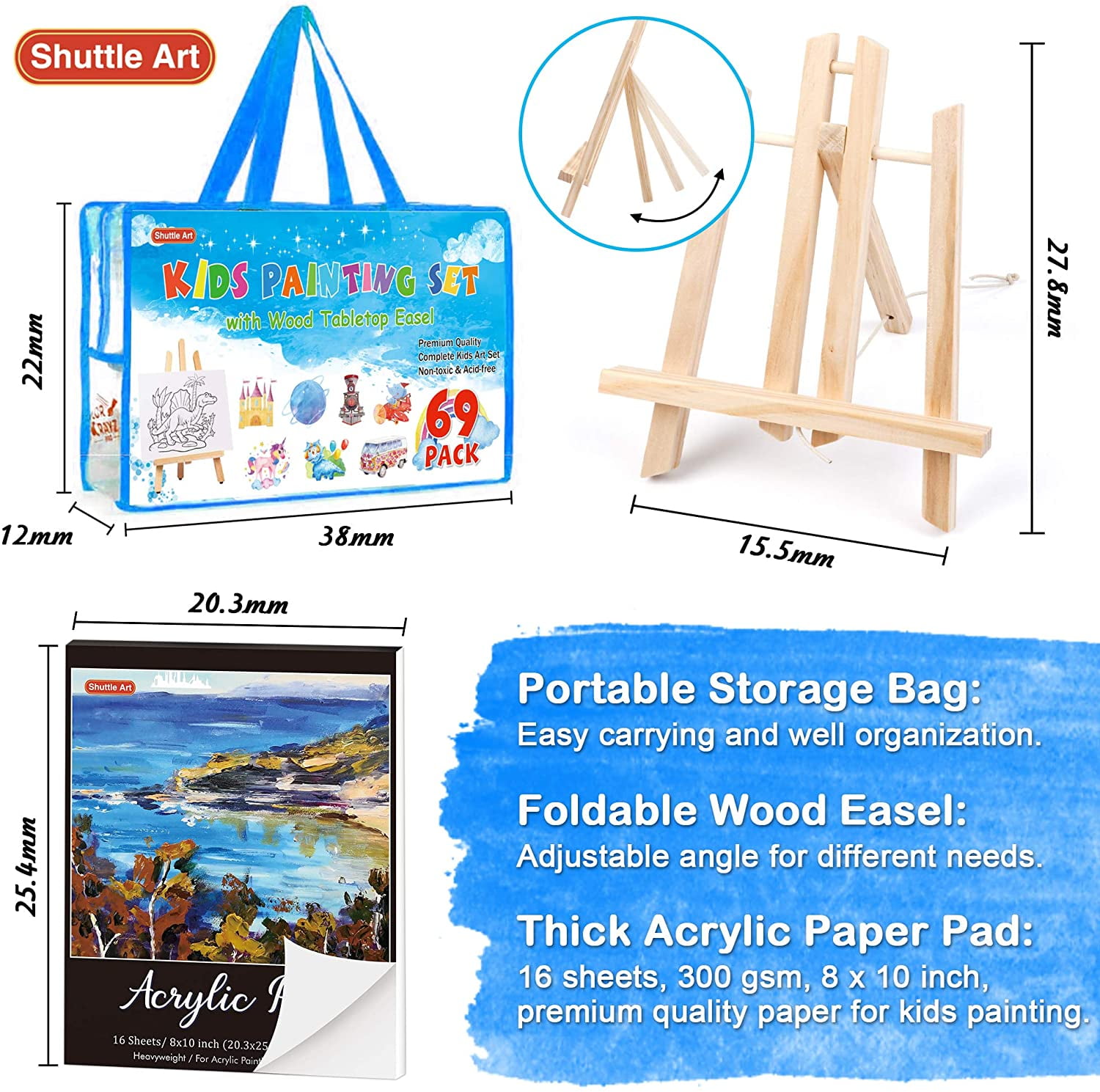 69 Pack Paint Set, Shuttle Art Art Set with 30 Colors Acrylic Paint, Wood Easel, Canvases, Painting Pad, Brushes, Palette, Smock & Storage Gag, Complete Paint Set for  everyone