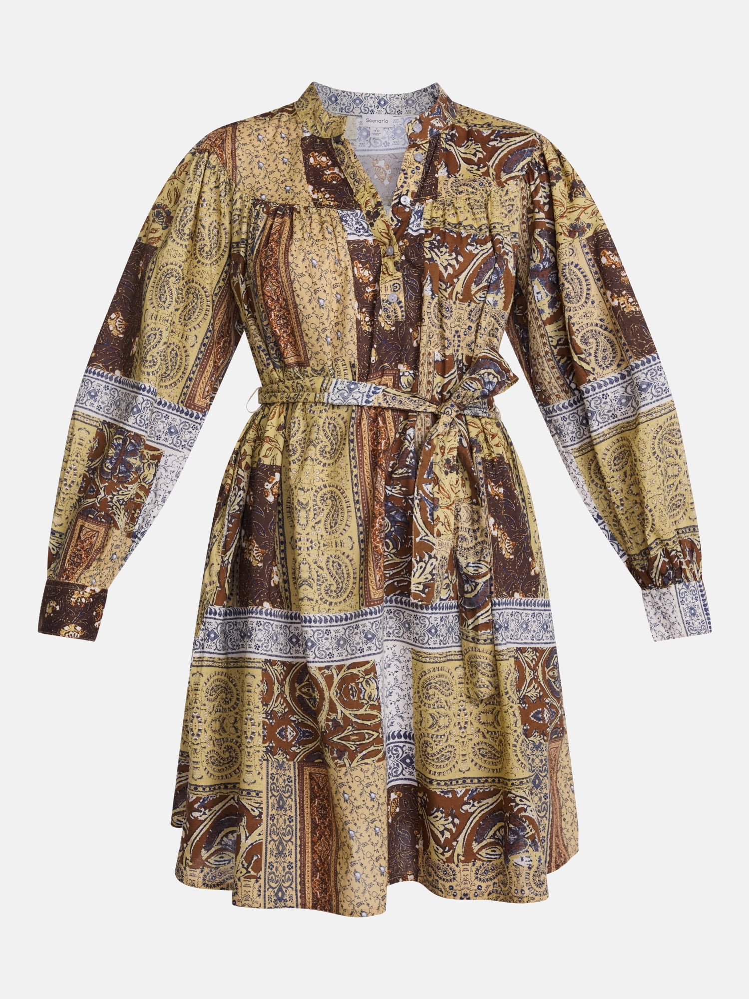 Scenario Women's Band Collar Shirtdress with Long Sleeves, Sizes XS-XXXL