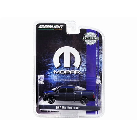 2017 RAM 1500 Sport Pickup Truck with Bed Cover Metallic Dark Blue and Blue Stripe MOPAR Hobby Exclusive 1/64 Diecast Model Car by Greenlight