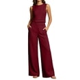 thumbnail image 2 of Womens 2 Piece Color Blocked Suits Sleeveless Crew Neck Tops Wide Leg High Waist Trousers Summer Comfy Fashion Set Wine L, 2 of 7