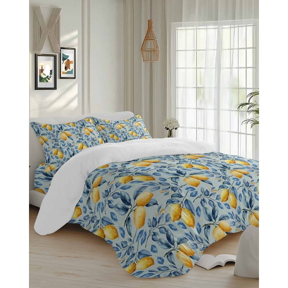 4 Piece Duvet Cover Set Cal king, Watercolor Yellow Lemon Leaves on Linen Soft Breathable Bedding Set with Pillow Shams Flat Sheet, Blue Theme Bed Comforter Cover Sets