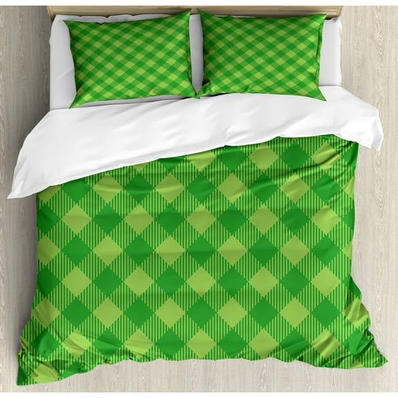 Ambesonne Irish Duvet Cover Set, Retro Green Checkered, Calking, Green Lime Green