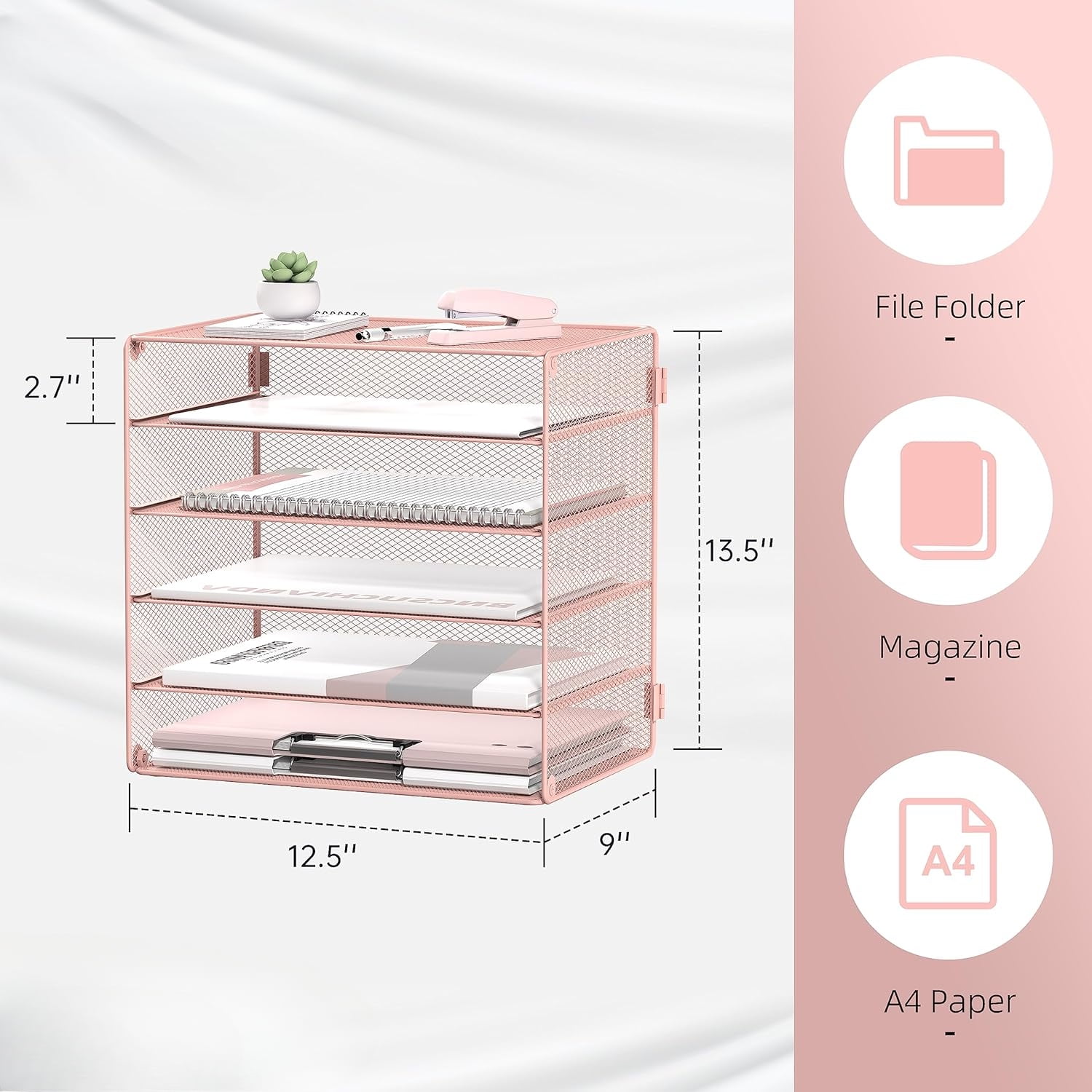 INTIGE 5 Tier Desktop Organizer Tray, Desk Paper Organizer, Storage Solutions for Home Office, Pink, 1 Pack
