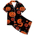 thumbnail image 4 of MEZZALL Girls Halloween Sleepwear Short Sleeve Pumpkin Printed Lapel Blouse Pajamas Sets Tops With Elastic Waist Shorts Two Piece Loungewear For Kids Trendy Nightwear, 4 of 4