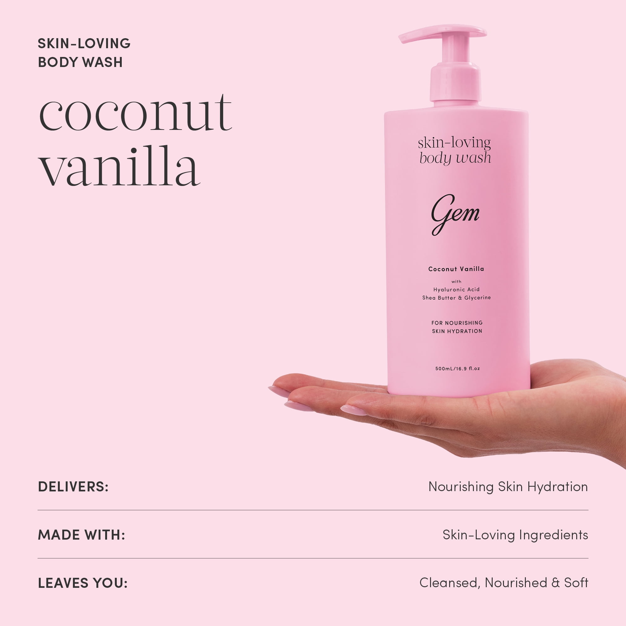 Gem Skin-Loving Body Wash Coconut Vanilla 500mL 16.9 fl oz